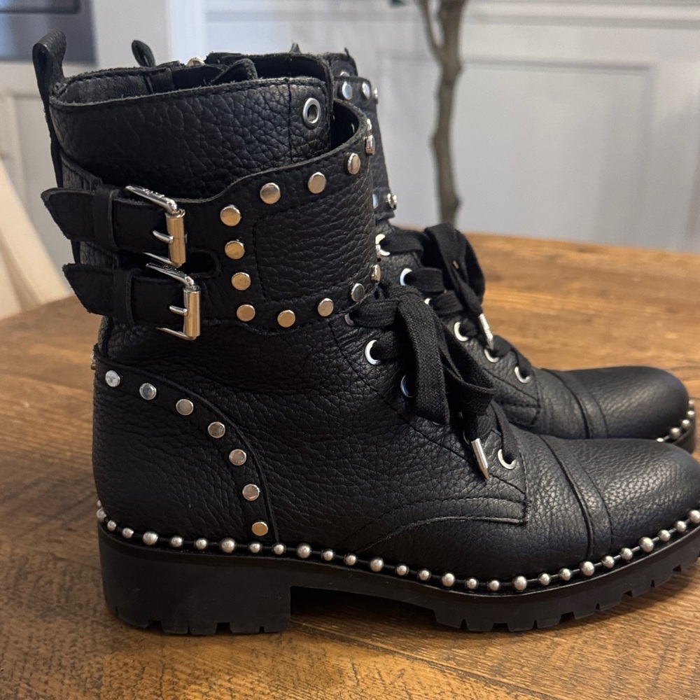 Steve Madden Black Stud-Embellished Lace-Up Combat Boots